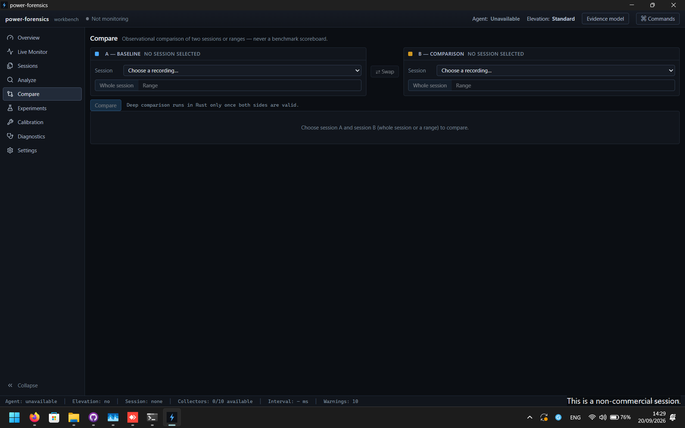 Power Forensics Compare workspace for an observational comparison of two sessions or ranges.