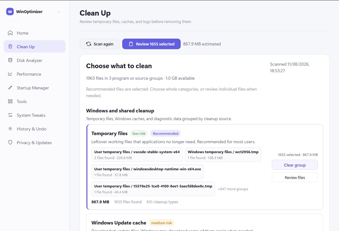 WinOptimizer Clean Up view with findings grouped by source, risk levels and a review step before removal.