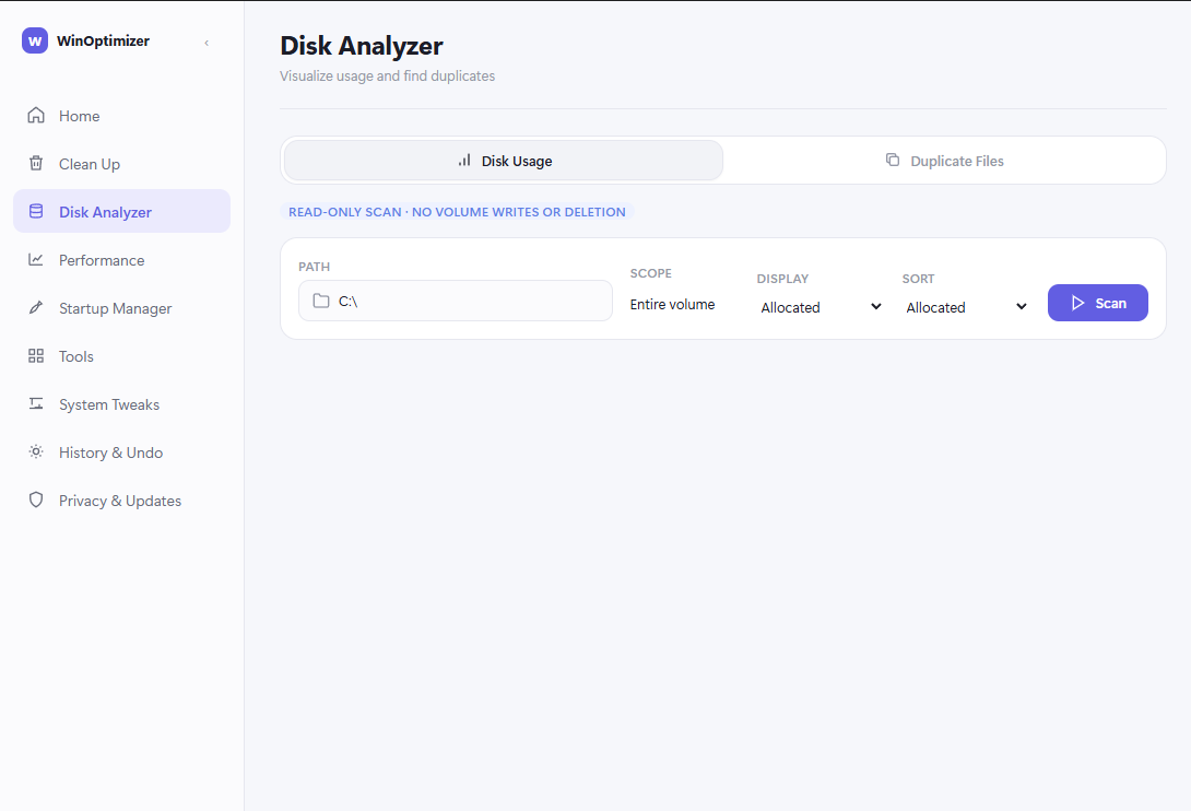 WinOptimizer Disk Analyzer during a read-only volume scan.
