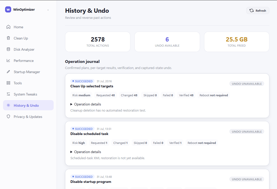 WinOptimizer History and Undo view showing an operation journal with per-target results and undo availability.