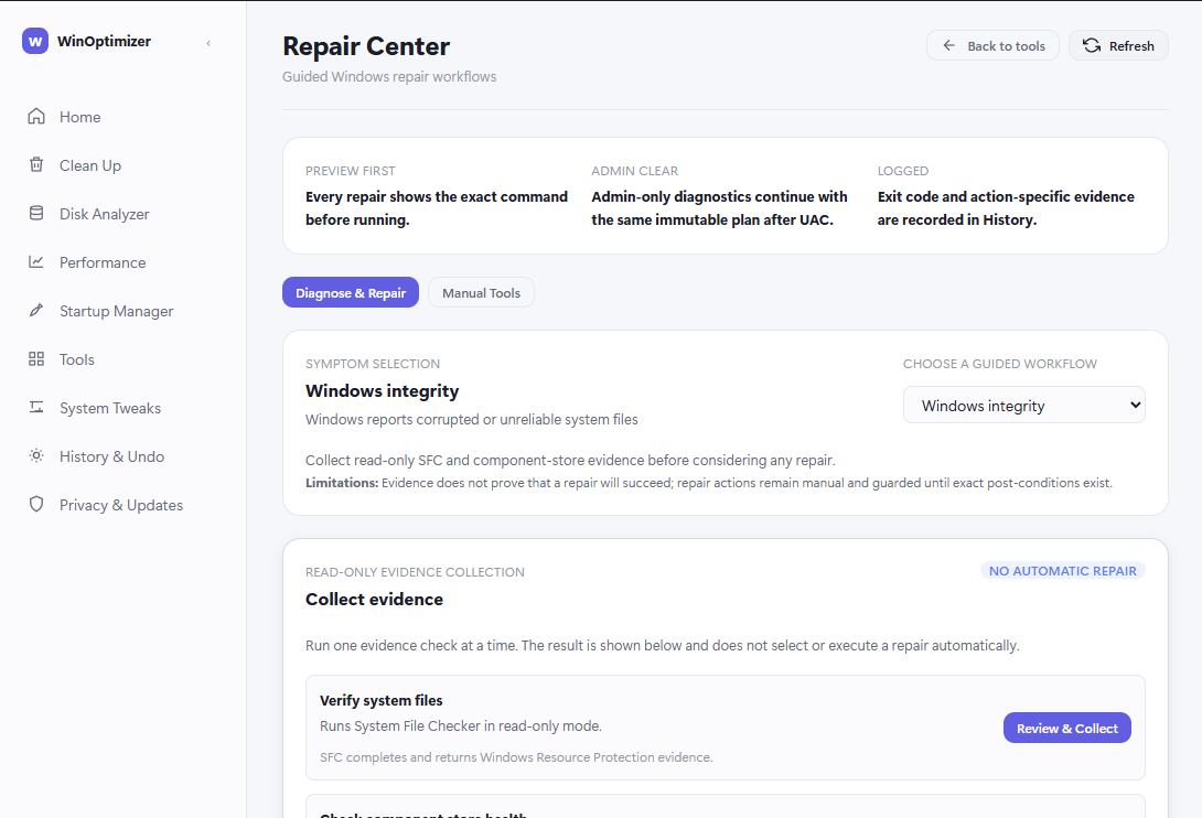 WinOptimizer Repair Center collecting read-only evidence before any manual repair.