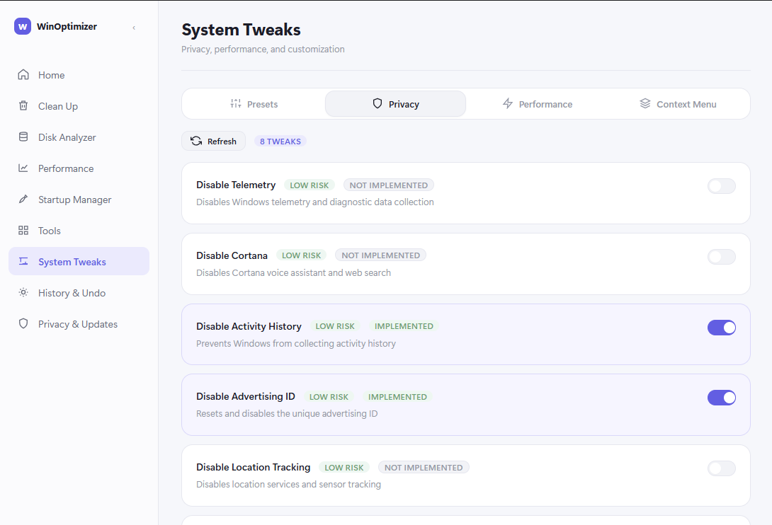 WinOptimizer System Tweaks view with per-tweak risk levels and explicit implemented or not implemented states.